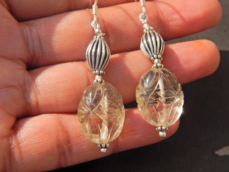 Smoky Quartz Earring ,Silver beads Earring, Carved Smoky Quartz Beads 925 sterling silver Earring E0483-GS