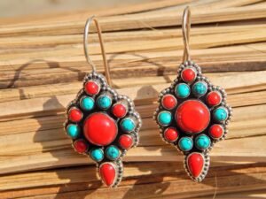 Turquoise, Coral, Earring,925 Sterling Silver Earring,Gift, Handmade Earring, Turquoise,Coral, Earring E0020-GS