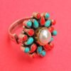 pearl, Coral and turquoise Rings, 925 Sterling Silver Jewelry ring with gemstone pearl, coral turquoise cabochon for Girls & Women gift item R0275-GS