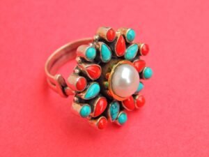 pearl, Coral and turquoise Rings, 925 Sterling Silver Jewelry ring with gemstone pearl, coral turquoise cabochon for Girls & Women gift item R0275-GS