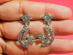 Half Crescent Moon And Star Earring Studs in 92.5 Silver, Celestial Jewelry, Wedding Studs, Vintage Studs, Oxidized Earrings, Gift For Her E0094-GS