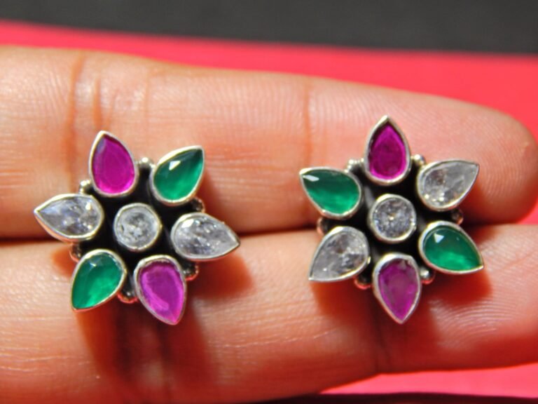 Ruby, Green Onyx, Zircon Earring Stud ,925 Sterling Silver Earring Stud, Gift, Handmade Earring, Gemstone Ruby Green Onyx Stud E0221-GS