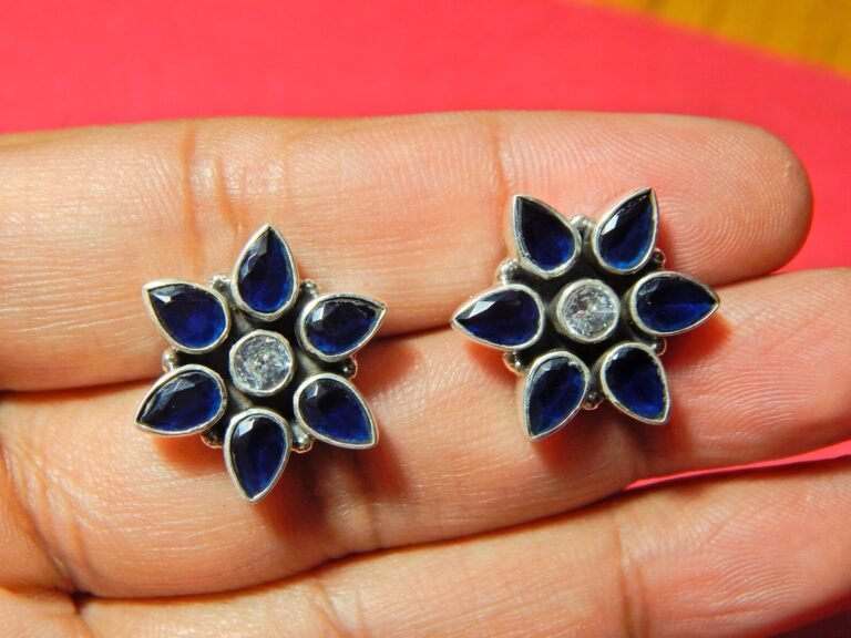 Blue sapphire, Zircon Earring Stud ,925 Sterling Silver Earring Stud, Gift, Handmade Earring, Gemstone Blue sapphire, Earring Stud E0781-GS