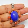 Large AAA quality oval Shape Natural Lapis Lazuli And Round Coral Pendant In 925 Sterling Silver ,Gift For Her P0042-GS