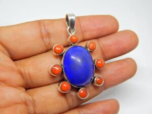 Large AAA quality oval Shape Natural Lapis Lazuli And Round Coral Pendant In 925 Sterling Silver ,Gift For Her P0042-GS