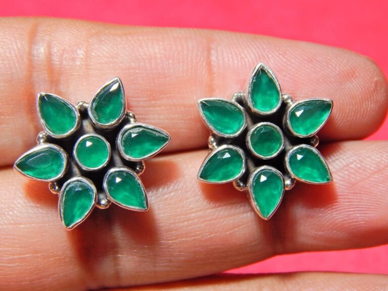 Green Onyx Earring Studs 925 Sterling Silver Jewelry, Flower Earring Studs, Handmade Earring, Wedding Earring, Green Earring Gift For Her E0881-GS