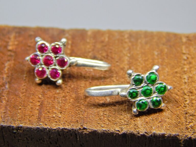 Ruby & Emerald Nose Stud In 925 Sterling Silver | Silver Nose Ring | Emerald Nose Ring | Ruby Nose Ring | Round Nose Stud | Flower Nose Stud NR0003-GS