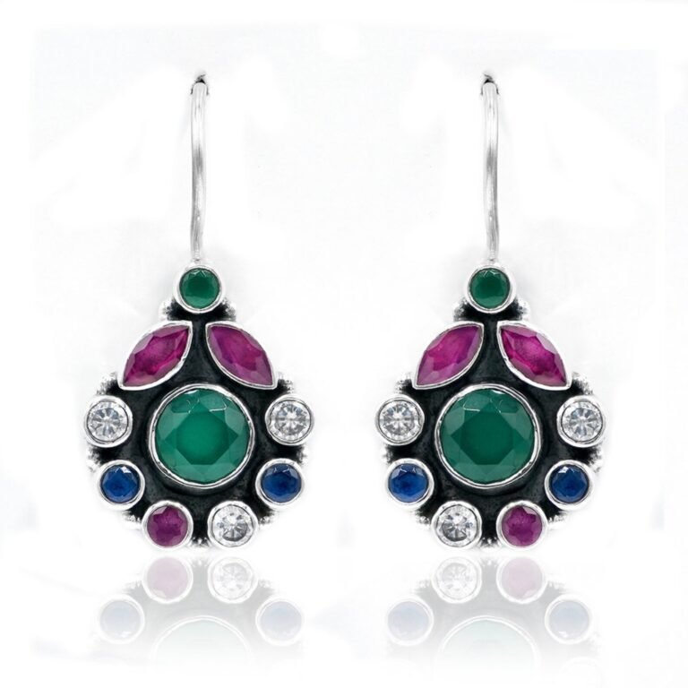 925 Sterling Silver Jewelry earring stud With gemstone ruby, Emerald ,Sapphire and faceted for Girls & Women gift item E0289-GS