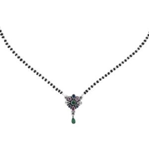 Natural gemstone Mangalsutra Necklace in 925 Sterling Silver , Ruby , Sapphire , Green Onyx And Zircon Necklace , Black Beads Silver Chain NL0230-GS