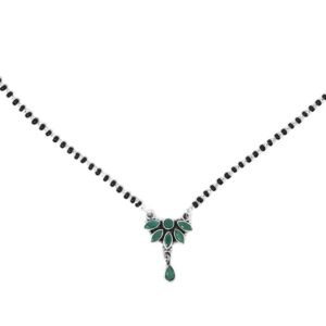 Natural gemstone Mangalsutra Necklace in 925 Sterling Silver , Green Onyx , Black Beads Silver Chain, Gift For Her , Traditional Necklace NL0232-GS