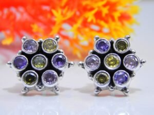 Dainty Multi Gemstone Earring Studs 925 Sterling Silver , Tiny Earrings , Minimalist Earrings , Gift Item , Wedding Jewelry , Gift Earring E0062-GS
