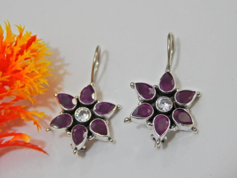 Natural Ruby & CZ Earring Stud in 925 Sterling Silver, Wedding Earring, Floral Earring, Handmade Earring, Anniversary Gift, Gift For Her E0023-GS