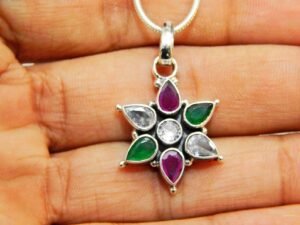 Multi Gemstones Floral Pendent Faceted With Snake Chain ,925 Sterling Silver Pendant, Handmade Pendent, Wedding Jewelry, For Girls And Women P0004-GS