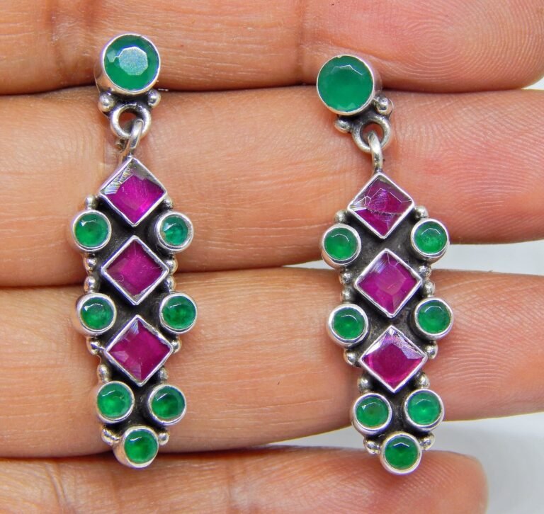 Ruby green onyx Earring stud in 925 Sterling Silver jewelry For Girl And Women, gift for her handmade earring flower earring E0123-GS