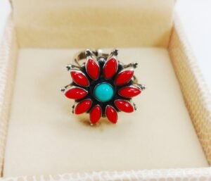 Coral and turquoise Ring 925 Sterling Silver Jewelry ring with gemstone coral, turquoise cabochon for Girls & Women gift item R0243-GS
