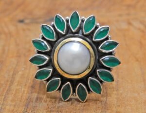 Natural Green Onyx , Fresh Water Pearl Ring-925 Sterling Silver Jewelry ring with gemstone Green Onyx faceted for Girls & women gift item R0249-GS