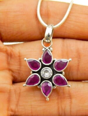 Ruby, Zircon Pendent Faceted With Snake Chain ,925 Sterling Silver Pendant, Floral Pendent, Wedding Jewelry, For Girls And Women, Gift Item, P0005-GS