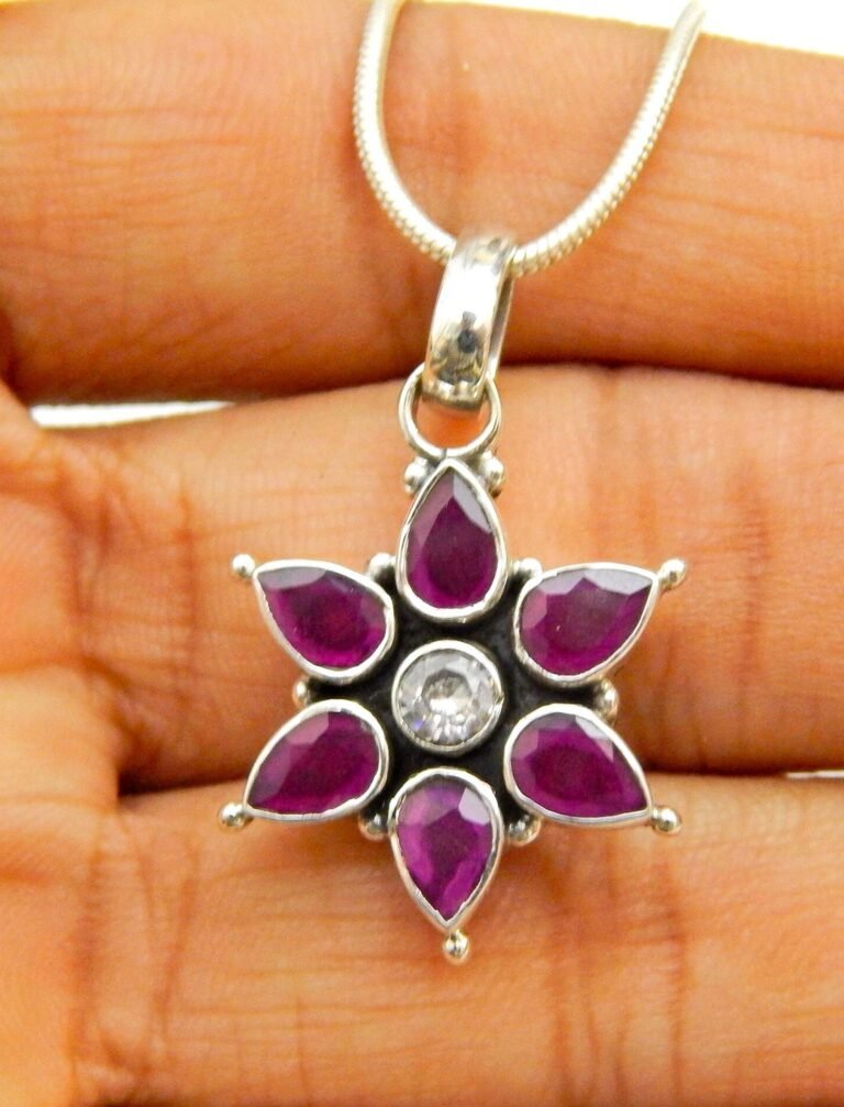 Ruby, Zircon Pendent Faceted With Snake Chain ,925 Sterling Silver Pendant, Floral Pendent, Wedding Jewelry, For Girls And Women, Gift Item, P0005-GS