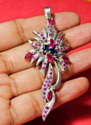 Natural Ruby, Blue Sapphire Pendant, 925 Silver Pendant, Elegant Pendant, Gift For Her, Big Pendant, Wedding Jewelry, Ruby Silver Pendant P0006-GS