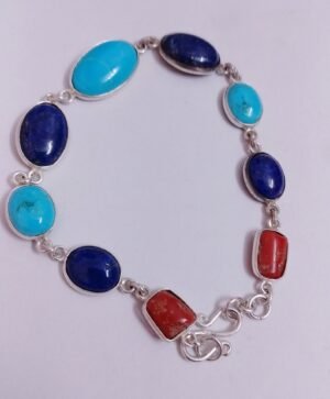Natural Turquoise, Lapis, Coral Bracelet-925 Sterling Silver Jewelry With Gemstone Coral Bracelet- For Girls & Women Gift item BR0163-GS