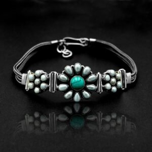 Natural Turquoise & Freshwater Pearl Floral Chain Bracelet in 925 Sterling Silver Natural Multi Gemstone Silver Floral Bracelet BR0114-GS