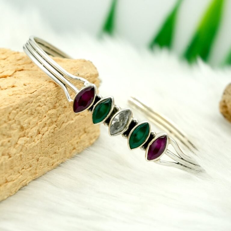 Natural Emerald Ruby, Cubic Zirconia Bangle, Silver jewelry,925 Sterling Silver Handmade Bangle, Multi Gemstone Silver Bangle Jewelry B0039-GS