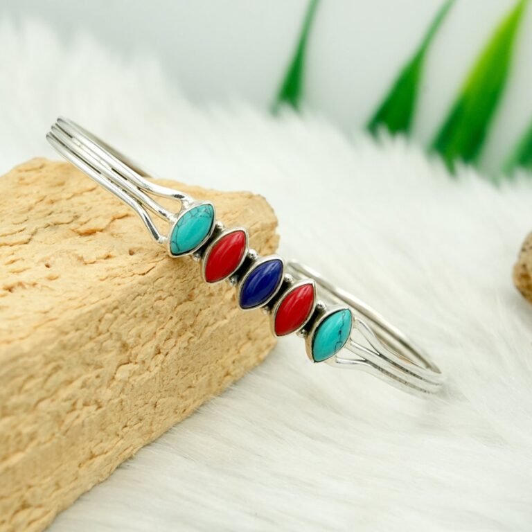 Natural Multi Gemstones Bangle Bracelet in 925 Sterling Silver Coral, Turquoise & Lapis Gemstones Silver Bangle Jewelry B0040-GS