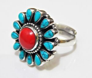 Coral & Turquoise Ring in 925 Sterling Silver | 925 Sterling Silver Ring | Turquoise Silver Ring | Coral Silver Ring | Flower Ring R0032-GS