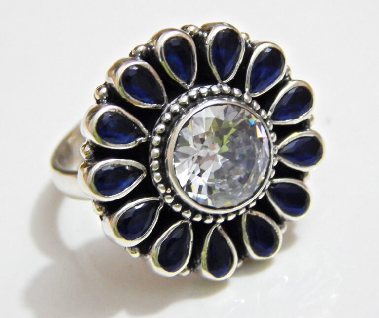 Blue Onyx Zircon Ring in 925 Sterling Silver Floral Jewelry ,925 Silver Jewelry, Zircon ring, Ruby Ring, Onyx Ring, Handmade ring R0172-GS