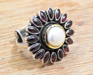 natural garnet pearl ring 925 sterling silver jewelry handmade ring gemstone ring women ring wedding ring gift for her R0235-GS