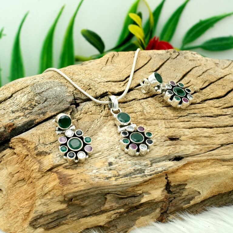 Natural Multi Gemstone Floral Earring Stud & Pendant Set in 925 Sterling Silver Gemstone Studs Earring And Pendant With Silver Chain Jewelry NS0030-GS