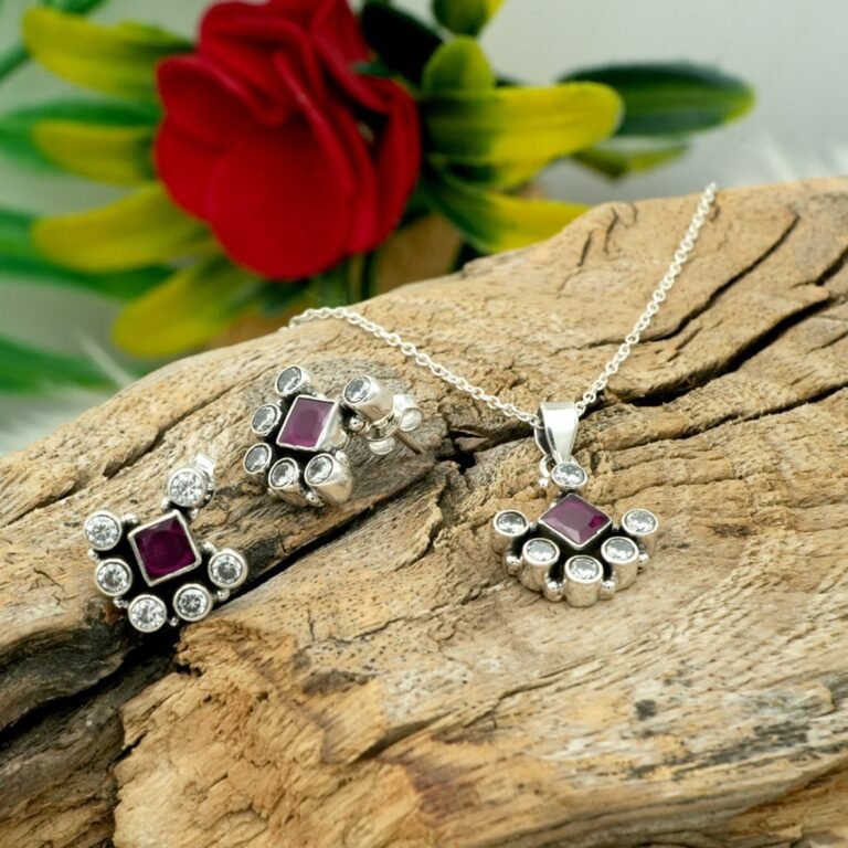 Natural Multi Gemstone Floral Earring Stud & Pendant Set in 925 Sterling Silver Gemstone Studs Earring And Pendant With Silver Chain Jewelry NS0028-GS