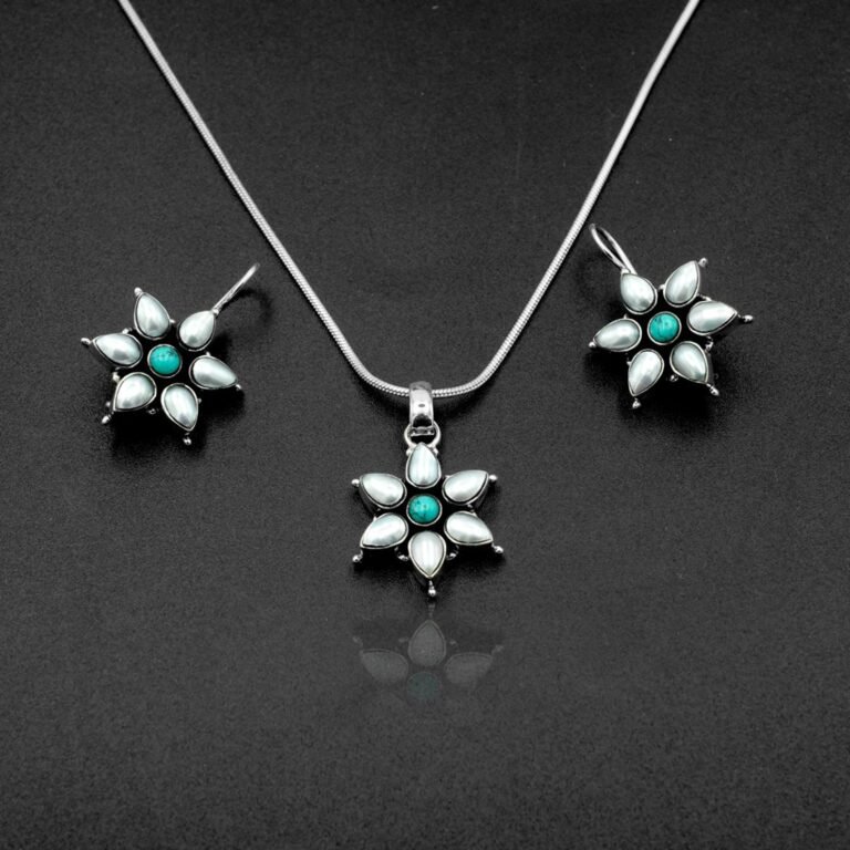 Natural Multi Gemstone Floral Earring & Pendant Set in 925 Sterling Silver Pearl Gemstone Earring And Pendant With Silver Chain Jewelry NS0025-GS
