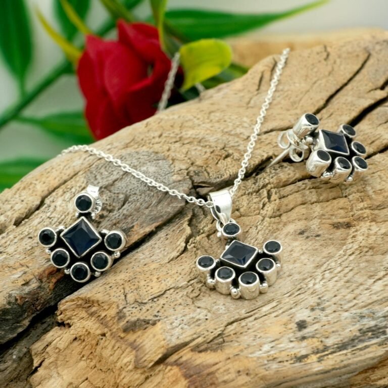 Natural Genuine Blue Sapphire Earring Necklace Set in 925 Sterling Silver Natural Gemstone Pendant & Earring Silver Set , Anniversary Gift NS0039-GS