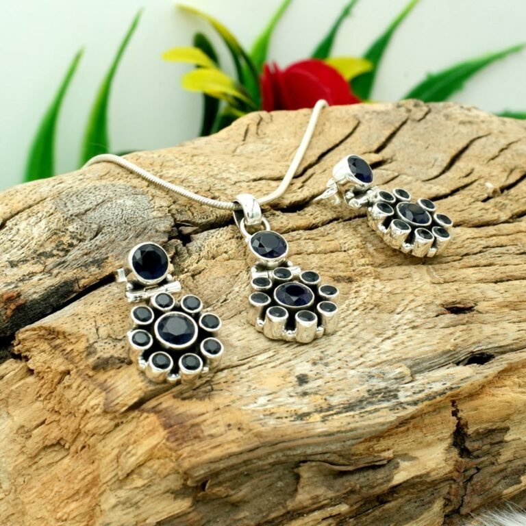 Natural Genuine Blue Sapphire Earring Necklace Set in 925 Sterling Silver Natural Gemstone Pendant & Earring Silver Set , Anniversary Gift NS0023-GS
