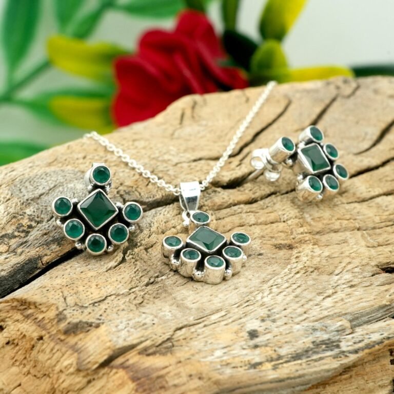 Natural Green Onyx Jewelry Set in 925 Sterling Silver Onyx Gemstone Necklace & Earring Silver Jewelry Set , Anniversary Gift NS0022-GS