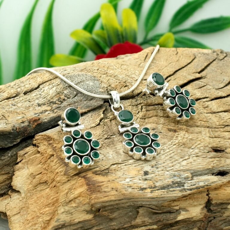 Natural Green Onyx Jewelry Set in 925 Sterling Silver Onyx Gemstone Necklace & Earring Silver Jewelry Set , Anniversary Gift NS0021-GS