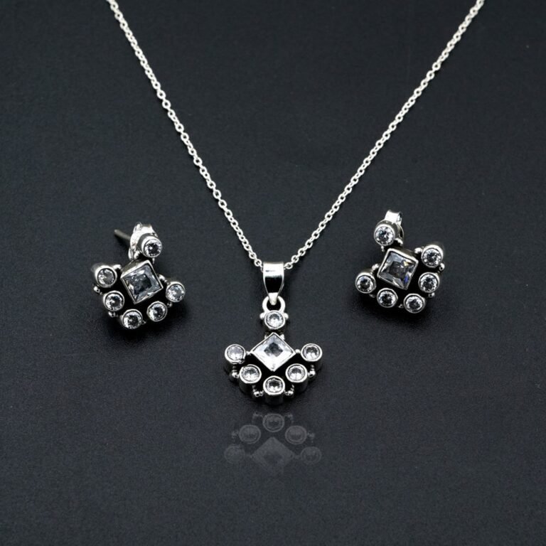 Natural Cubic Zirconia Gemstone Floral Earring Stud & Necklace Set 925 Sterling Silver Gemstone Earring And Silver Jewelry, Anniversary Gift NS0020-GS
