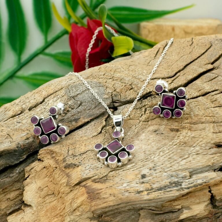 Natural Ruby Gemstone Floral Earring & Necklace Set 925 Sterling Silver Gemstone Studs Earring And Necklace Silver Jewelry, Anniversary Gift NS0018-GS