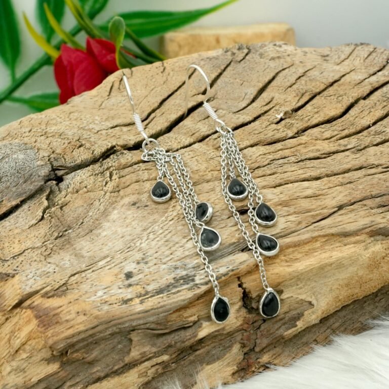 Sterling Silver Onyx Earring Natural Black Onyx Gemstone 925 Sterling Silver Earring Jewelry Long Chain Earring E0386-GS