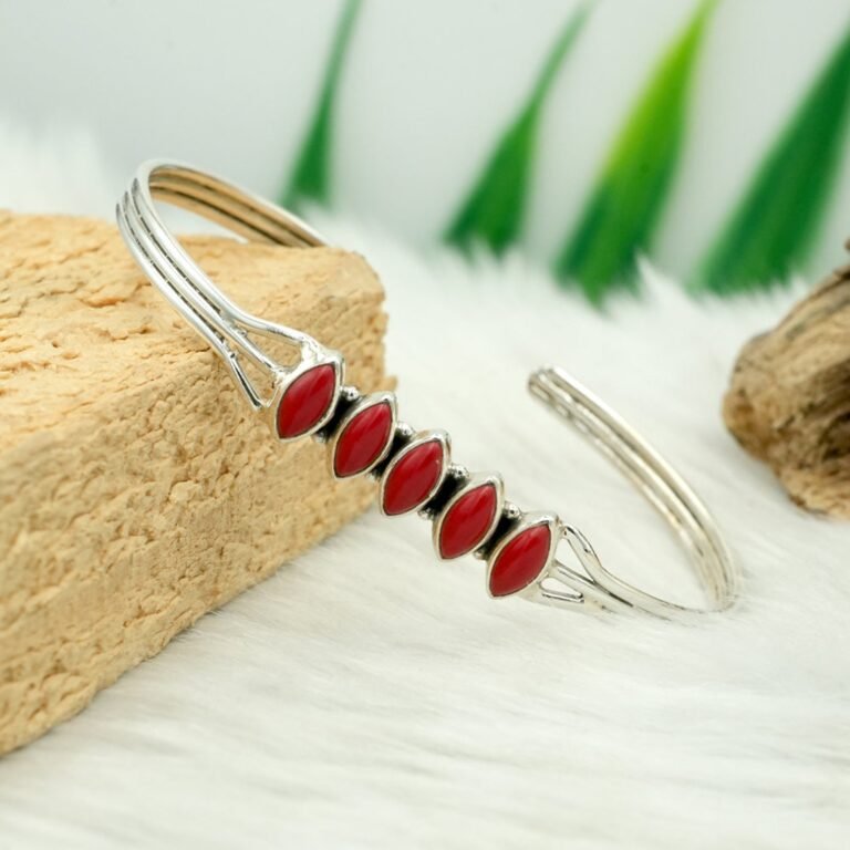 Natural Italian Coral Bangle Bracelet in 925 Sterling Silver Natural Gemstone Silver Bangle Bracelet Jewelry B0044-GS