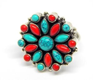 Natural Coral & Turquoise Ring in 925 Sterling Silver | 925 Sterling Silver Ring | Turquoise Silver Ring | Coral Silver Ring | Flower Ring R0213-GS