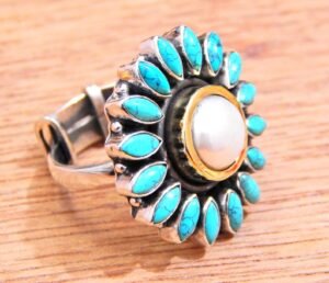 Natural Turquoise & Fresh Water Pearl Ring in 925 Sterling Silver, Handmade Ring, Floral Jewelry, 925 Sterling Silver Ring, Adjustable Ring R0025-GS