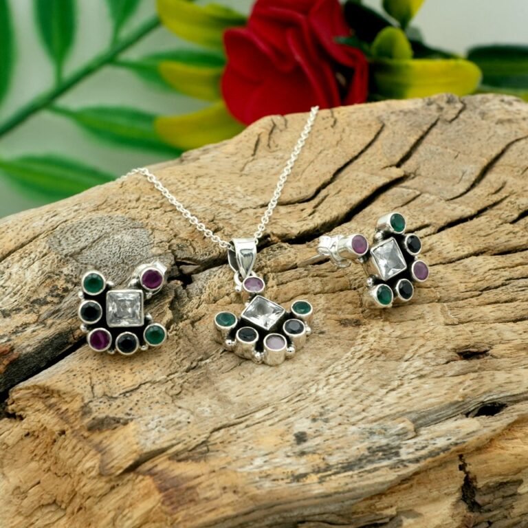 Natural Multi Gemstone Floral Earring Stud & Pendant Set in 925 Sterling Silver Gemstone Studs Earring And Pendant With Silver Chain Jewelry NS0027-GS