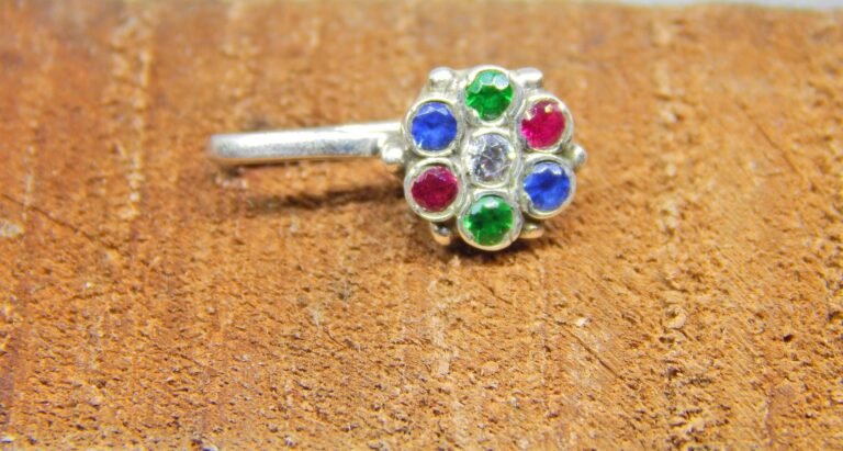 Sapphire, Ruby, Emerald, Zircon Nose Stud In 925 Sterling Silver | Silver Nose Ring |Sapphire Nose Ring | Round Nose Stud | Flower Nose Stud NR0005-GS