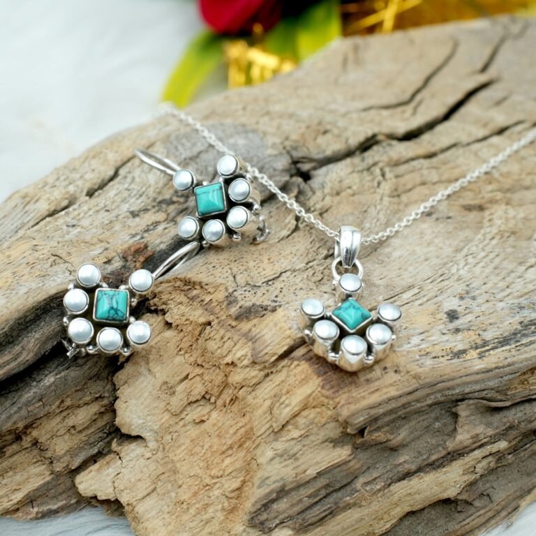 Natural Multi Gemstone Floral Earring & Pendant Set in 925 Sterling Silver Pearl Gemstone Earring And Pendant With Silver Chain Jewelry NS0001-GS