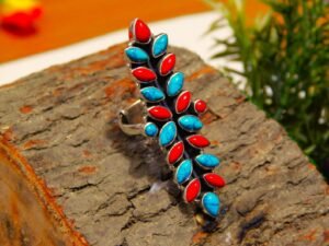 Natural Coral & Turquoise Multi Gemstone Ring 925 Sterling Silver | 925 Sterling Silver Ring | Turquoise Silver Ring | Coral Silver Ring R0351-GS