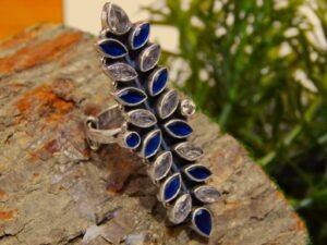 Natural Sapphire & CZ Gemstone Long Ring 925 Sterling Silver Multi Gemstone Wedding Ring Cubic Zirconia Anniversary Gift For Her R0355-GS