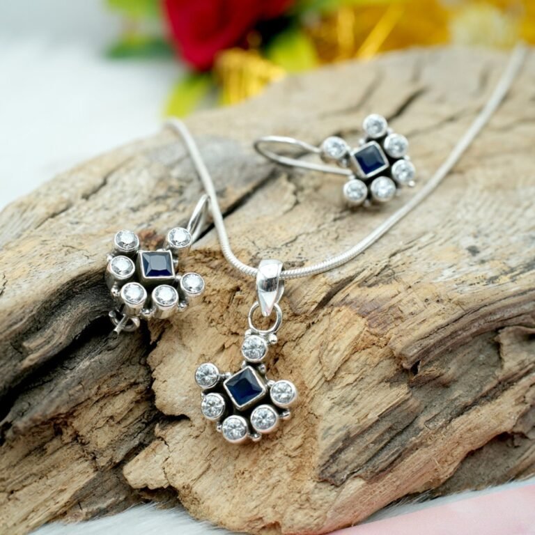 Natural Multi Gemstone Floral Earring Stud & Pendant Set in 925 Sterling Silver Gemstone Studs Earring And Pendant With Silver Chain Jewelry NS0013-GS