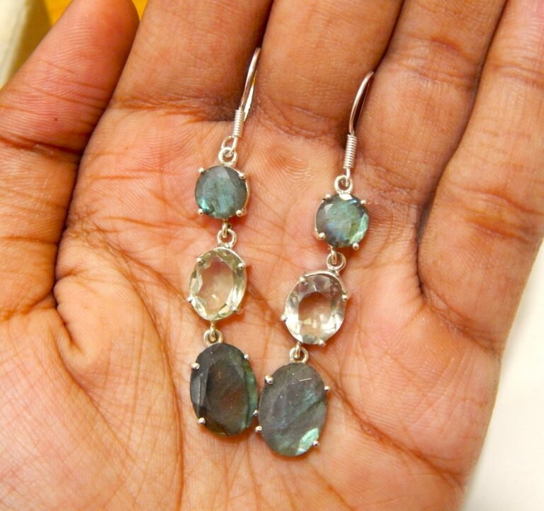 Natural Labradorite Earrings Green Amethyst Earrings 925 Silver Earrings Wedding Earrings Lobe Earrings Gift For Her Minimalist Earring E0923-GS